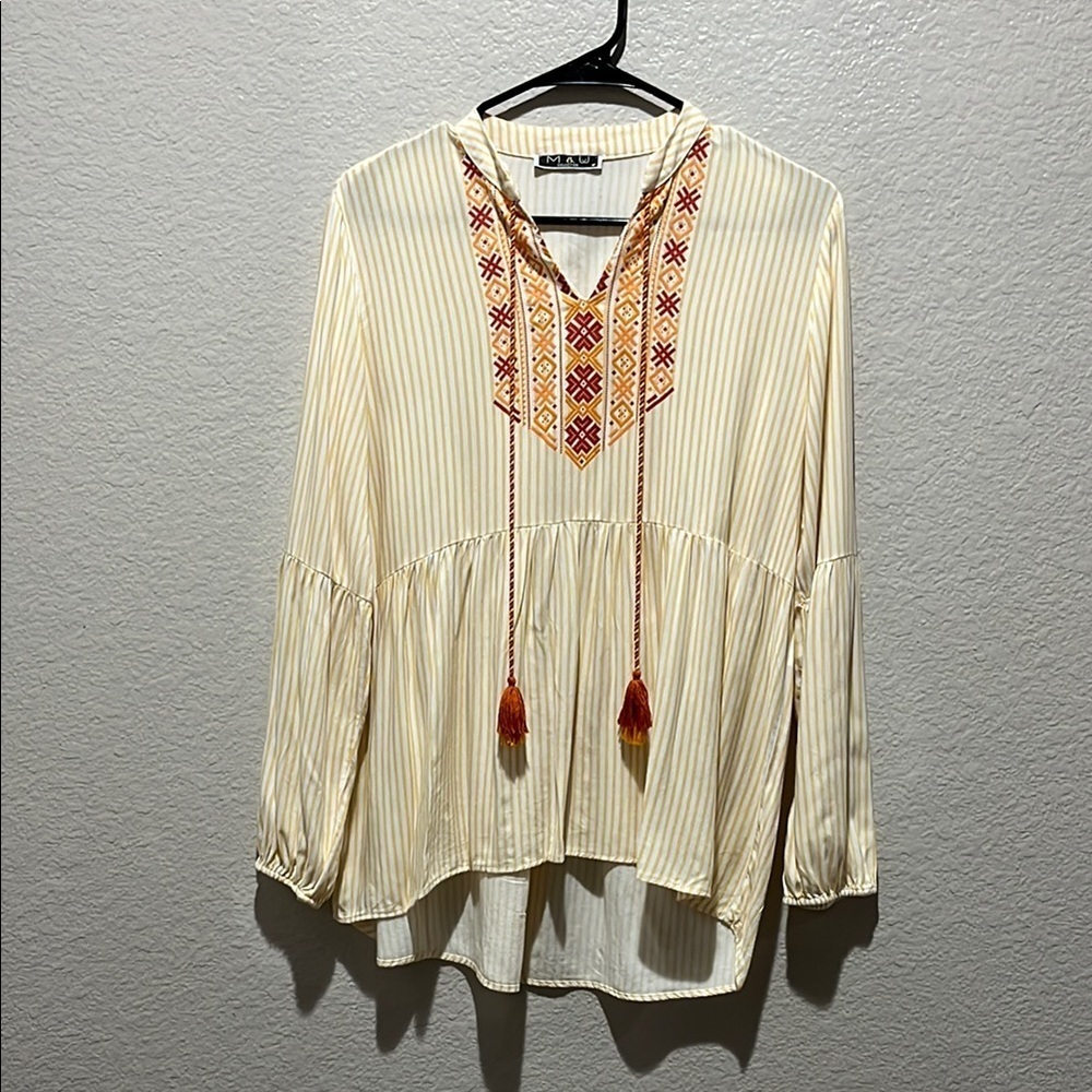 M&W Cream Yellow Embellished Long Sleeve Blouse Embroidered Sz M Boho TC0614